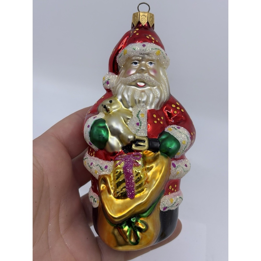 Hand Blown Glass  Santa Gold Present Sack Christmas‎ Ornament 5"